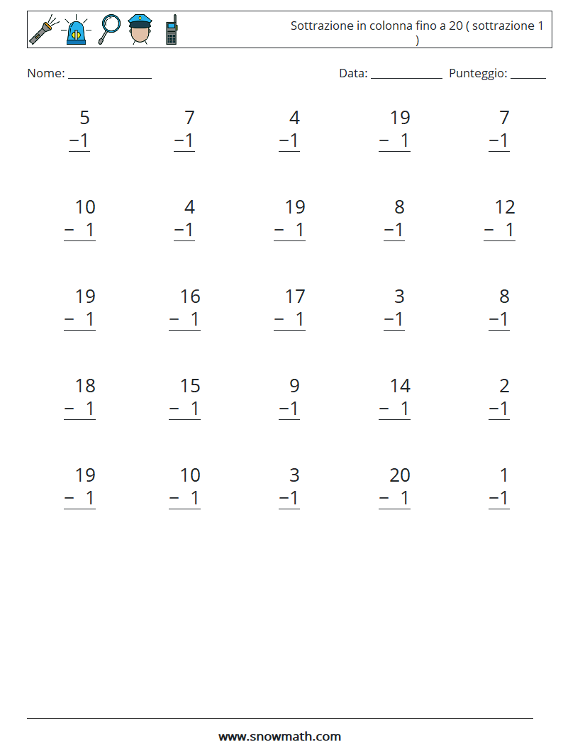 (25) Sottrazione in colonna fino a 20 ( sottrazione 1 ) Fogli di lavoro di matematica 10