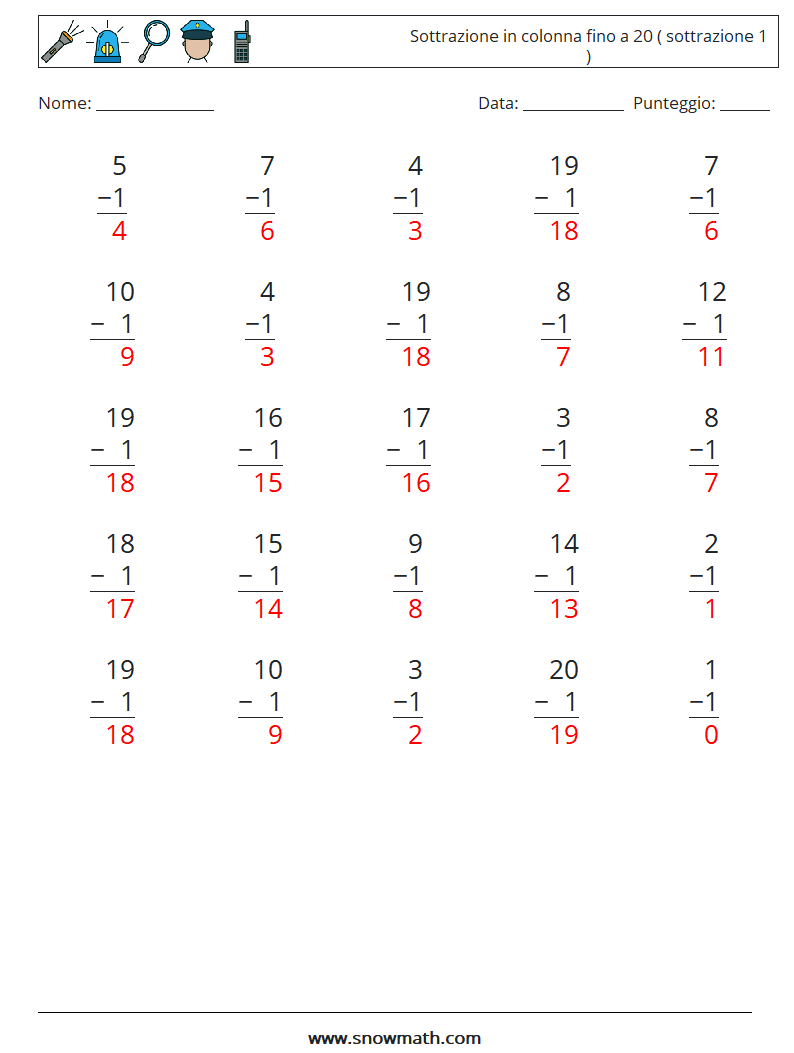 (25) Sottrazione in colonna fino a 20 ( sottrazione 1 ) Fogli di lavoro di matematica 10 Domanda, Risposta