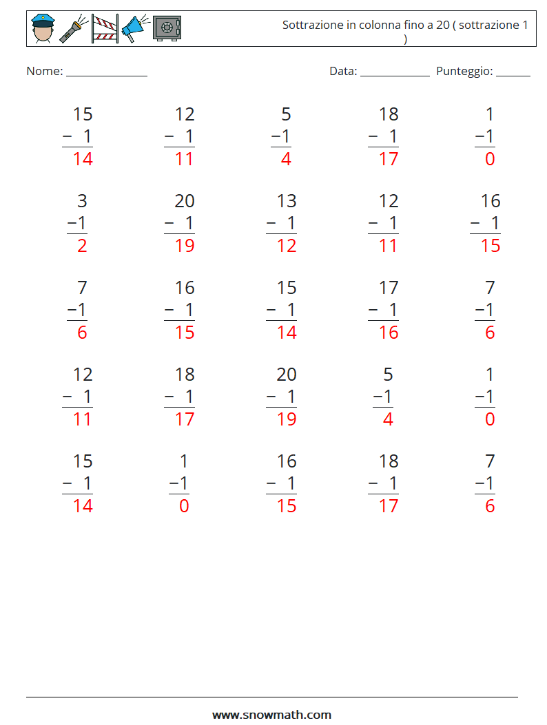 (25) Sottrazione in colonna fino a 20 ( sottrazione 1 ) Fogli di lavoro di matematica 11 Domanda, Risposta