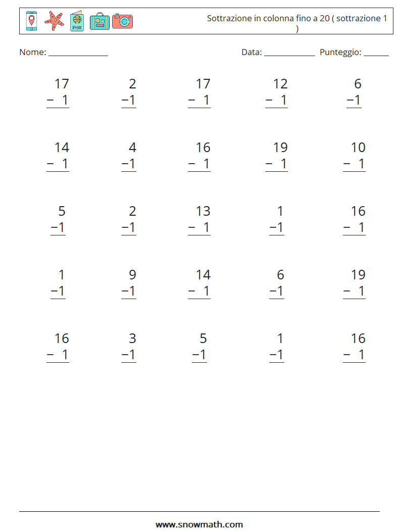 (25) Sottrazione in colonna fino a 20 ( sottrazione 1 ) Fogli di lavoro di matematica 12