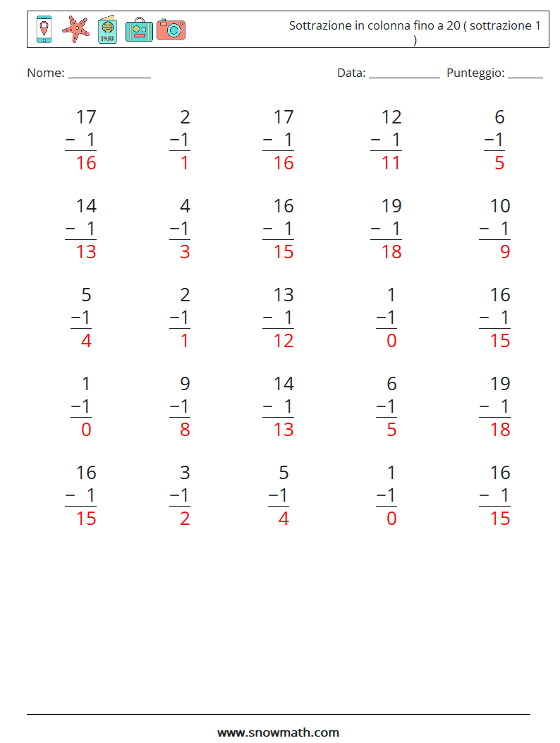 (25) Sottrazione in colonna fino a 20 ( sottrazione 1 ) Fogli di lavoro di matematica 12 Domanda, Risposta