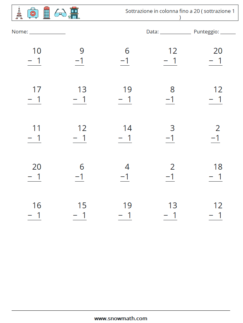 (25) Sottrazione in colonna fino a 20 ( sottrazione 1 ) Fogli di lavoro di matematica 13
