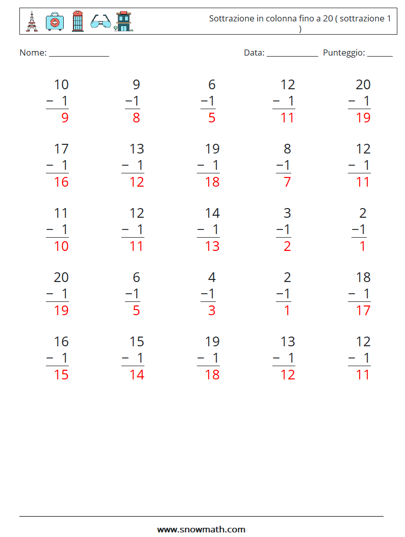 (25) Sottrazione in colonna fino a 20 ( sottrazione 1 ) Fogli di lavoro di matematica 13 Domanda, Risposta