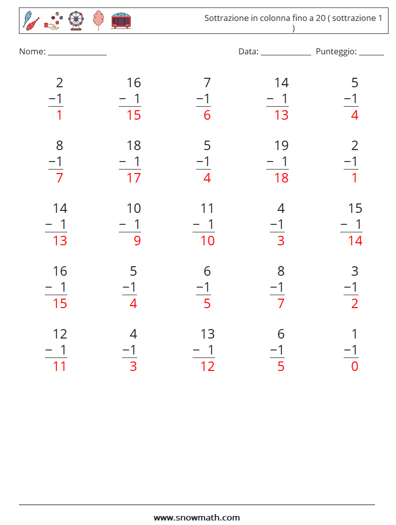 (25) Sottrazione in colonna fino a 20 ( sottrazione 1 ) Fogli di lavoro di matematica 14 Domanda, Risposta