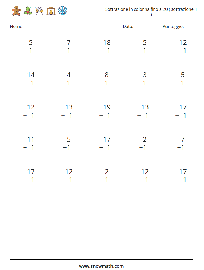 (25) Sottrazione in colonna fino a 20 ( sottrazione 1 ) Fogli di lavoro di matematica 16