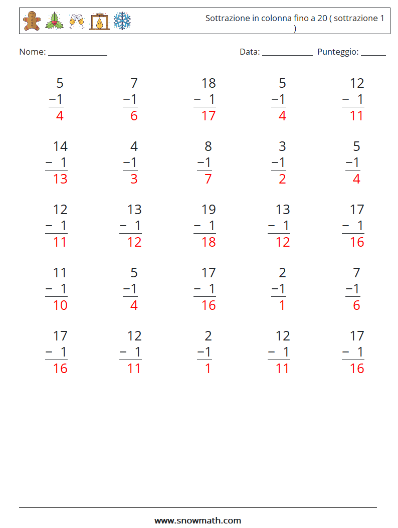 (25) Sottrazione in colonna fino a 20 ( sottrazione 1 ) Fogli di lavoro di matematica 16 Domanda, Risposta