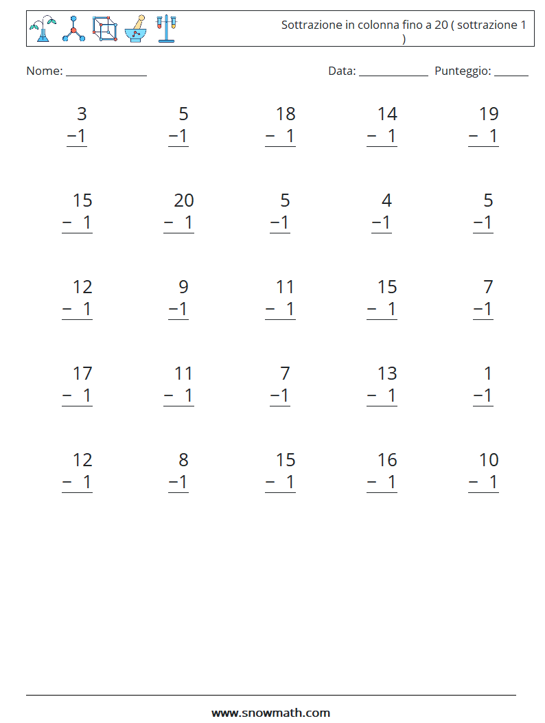 (25) Sottrazione in colonna fino a 20 ( sottrazione 1 ) Fogli di lavoro di matematica 17