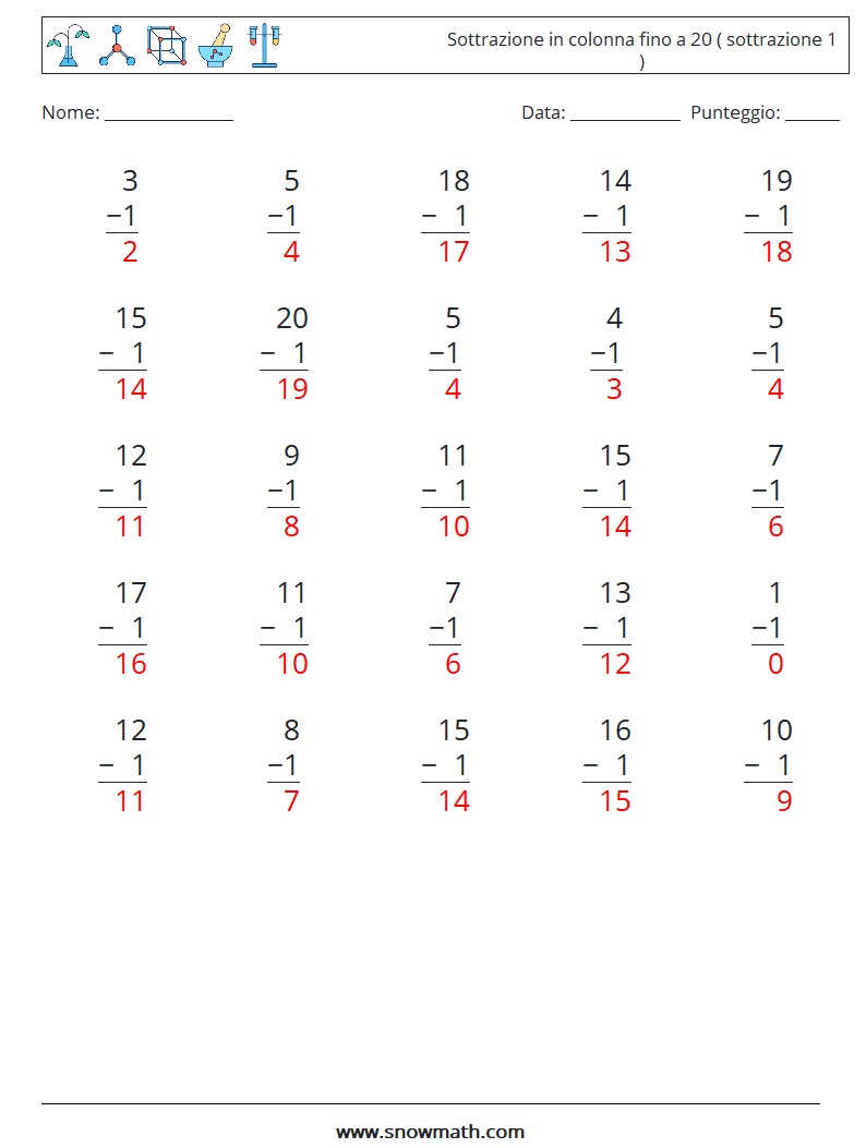 (25) Sottrazione in colonna fino a 20 ( sottrazione 1 ) Fogli di lavoro di matematica 17 Domanda, Risposta