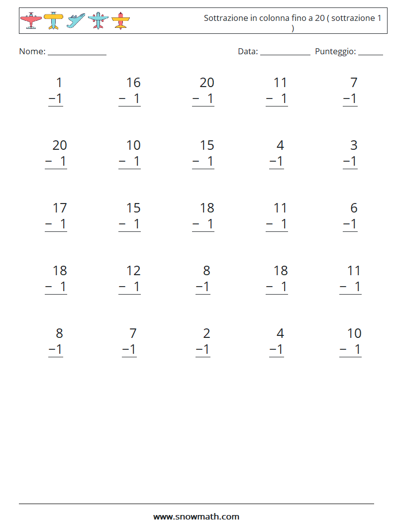 (25) Sottrazione in colonna fino a 20 ( sottrazione 1 ) Fogli di lavoro di matematica 18