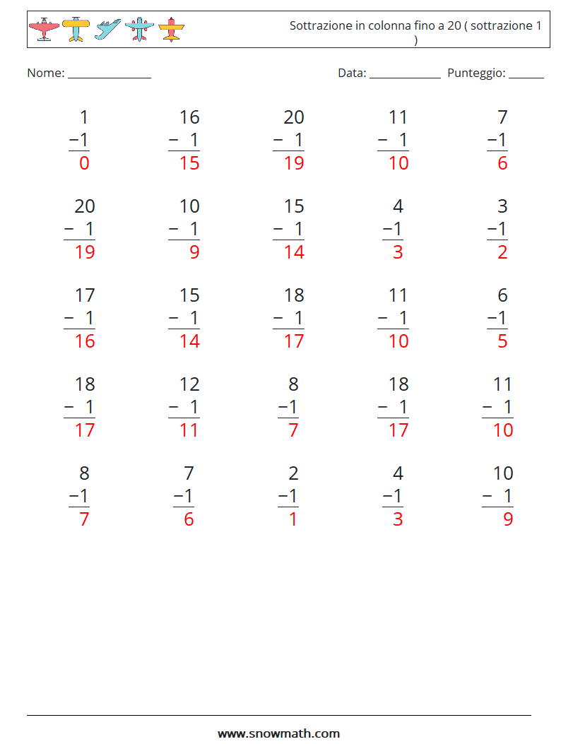 (25) Sottrazione in colonna fino a 20 ( sottrazione 1 ) Fogli di lavoro di matematica 18 Domanda, Risposta