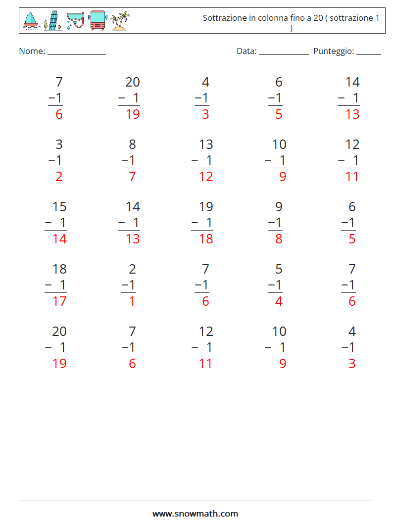 (25) Sottrazione in colonna fino a 20 ( sottrazione 1 ) Fogli di lavoro di matematica 1 Domanda, Risposta