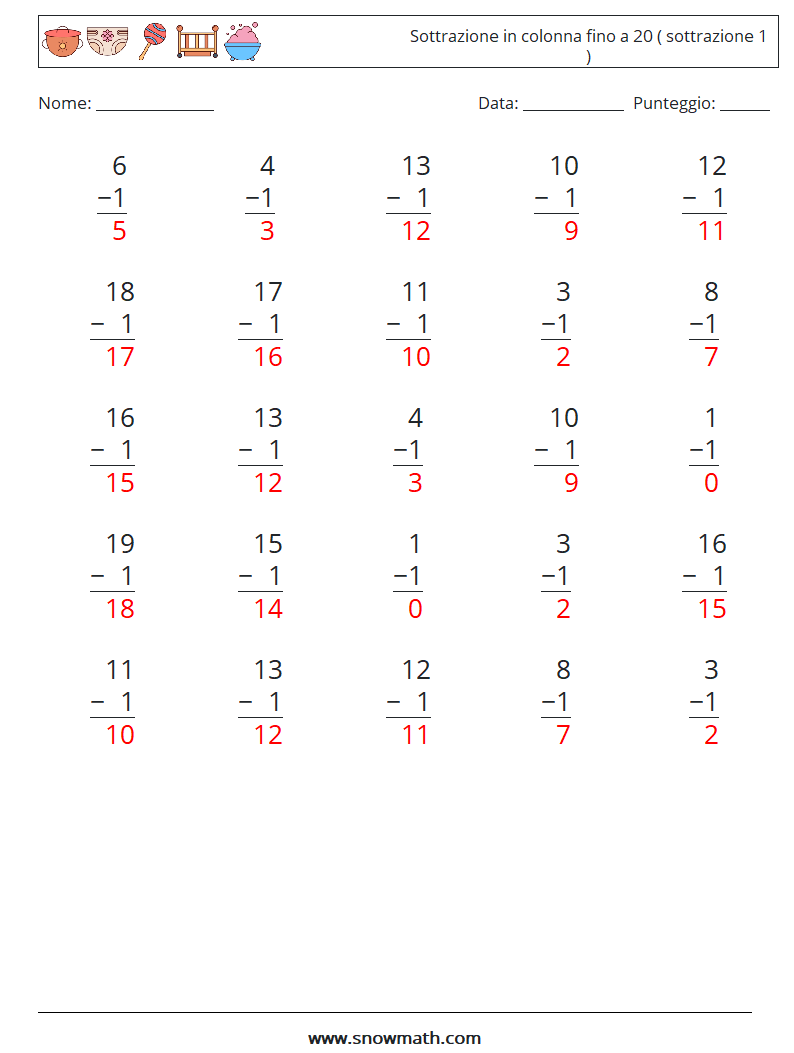 (25) Sottrazione in colonna fino a 20 ( sottrazione 1 ) Fogli di lavoro di matematica 2 Domanda, Risposta