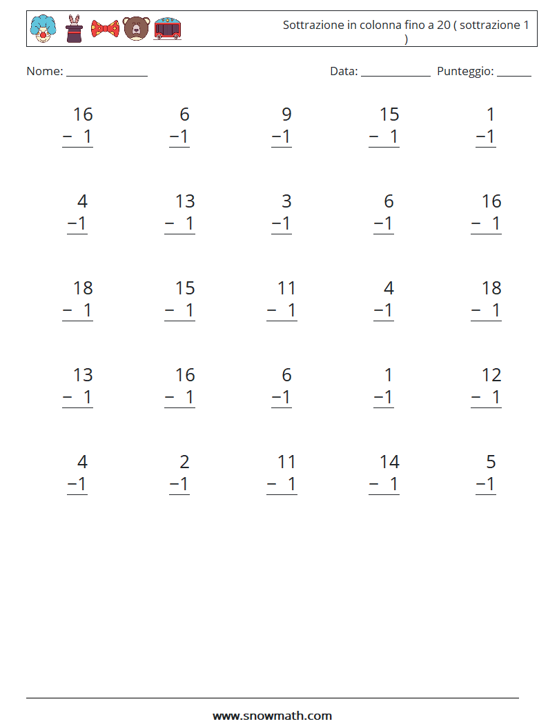 (25) Sottrazione in colonna fino a 20 ( sottrazione 1 ) Fogli di lavoro di matematica 3