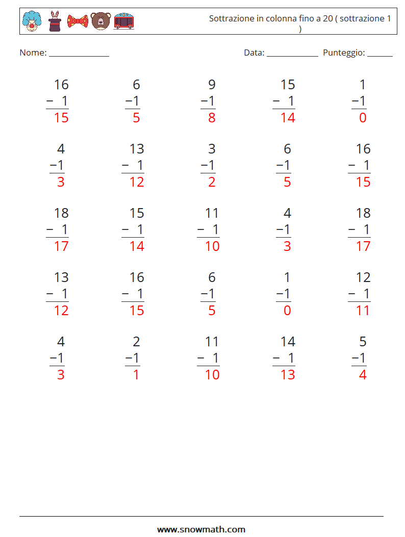 (25) Sottrazione in colonna fino a 20 ( sottrazione 1 ) Fogli di lavoro di matematica 3 Domanda, Risposta