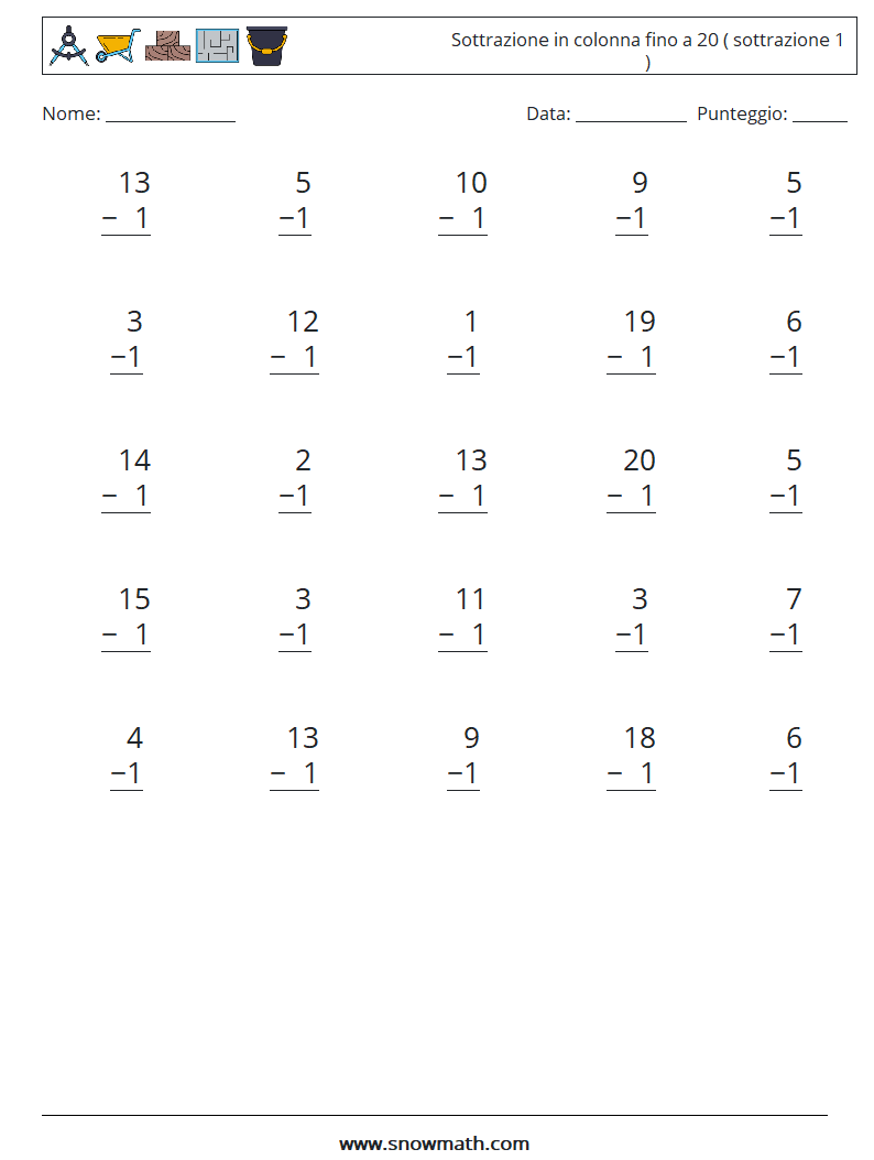 (25) Sottrazione in colonna fino a 20 ( sottrazione 1 ) Fogli di lavoro di matematica 4