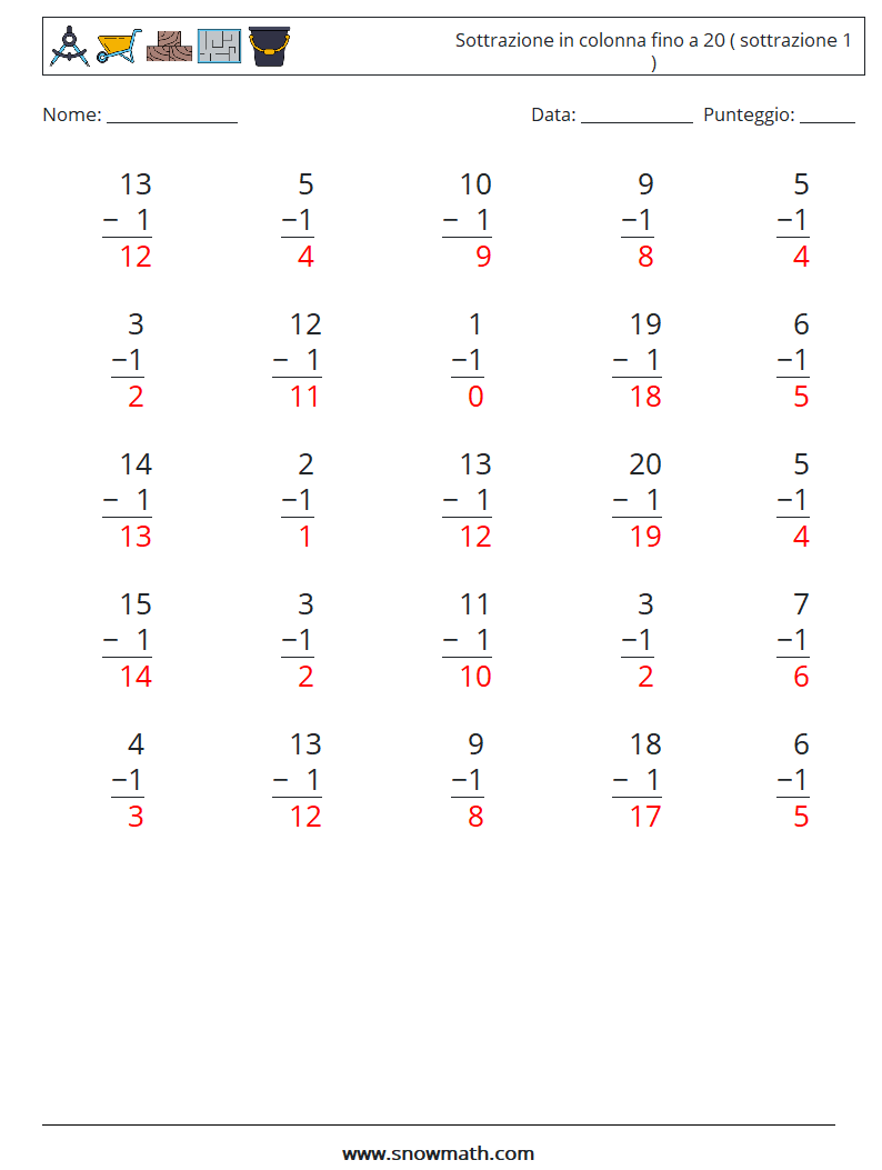 (25) Sottrazione in colonna fino a 20 ( sottrazione 1 ) Fogli di lavoro di matematica 4 Domanda, Risposta