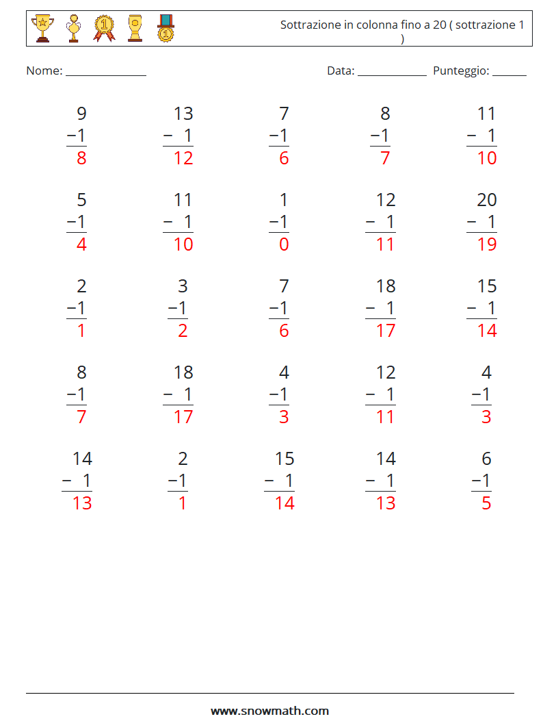 (25) Sottrazione in colonna fino a 20 ( sottrazione 1 ) Fogli di lavoro di matematica 5 Domanda, Risposta