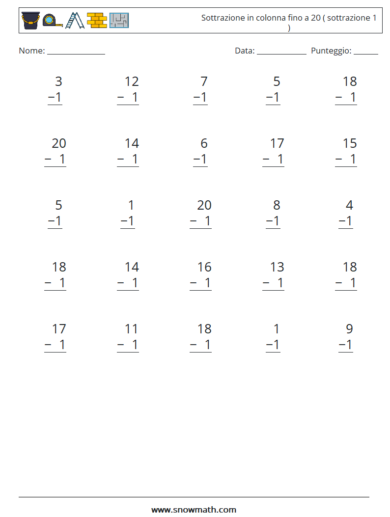 (25) Sottrazione in colonna fino a 20 ( sottrazione 1 ) Fogli di lavoro di matematica 6