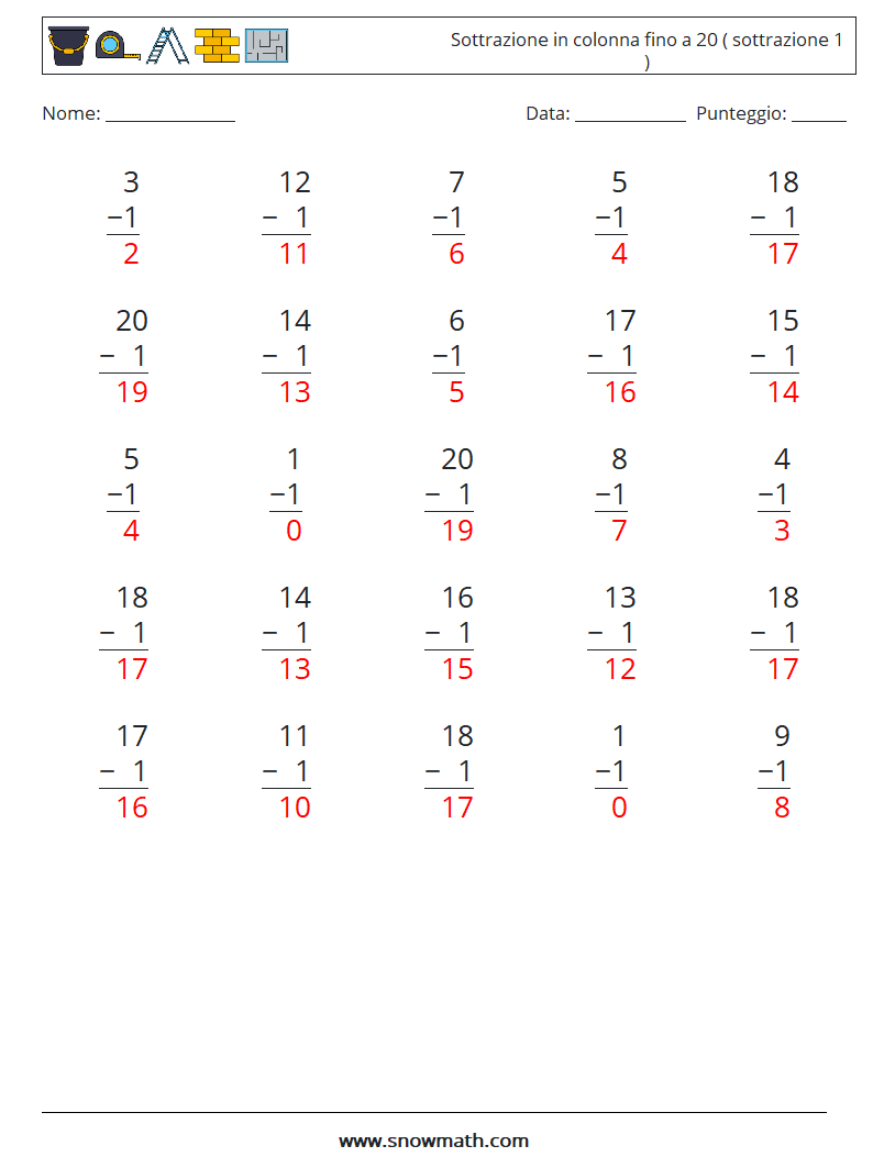 (25) Sottrazione in colonna fino a 20 ( sottrazione 1 ) Fogli di lavoro di matematica 6 Domanda, Risposta