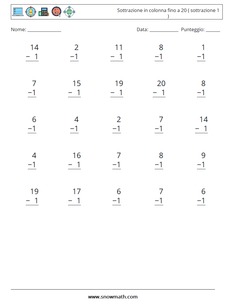 (25) Sottrazione in colonna fino a 20 ( sottrazione 1 ) Fogli di lavoro di matematica 7