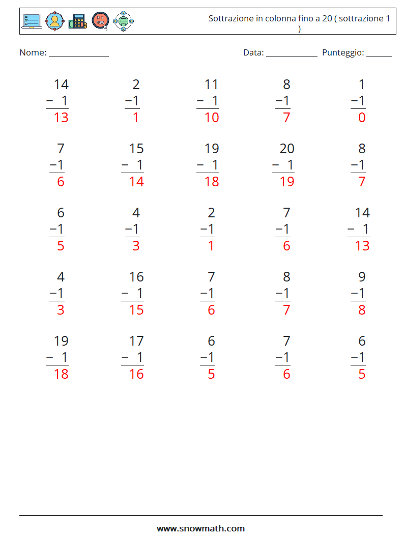 (25) Sottrazione in colonna fino a 20 ( sottrazione 1 ) Fogli di lavoro di matematica 7 Domanda, Risposta
