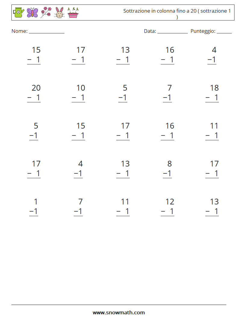 (25) Sottrazione in colonna fino a 20 ( sottrazione 1 ) Fogli di lavoro di matematica 8