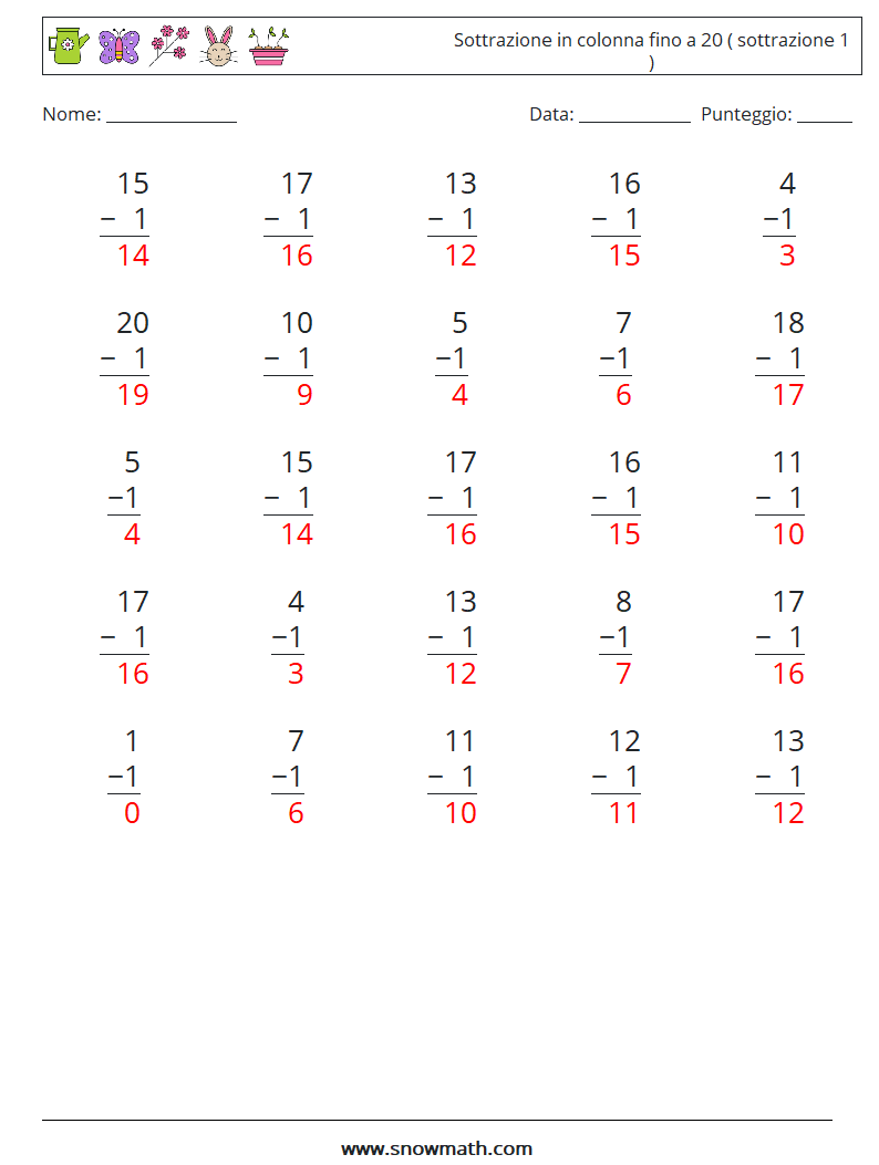(25) Sottrazione in colonna fino a 20 ( sottrazione 1 ) Fogli di lavoro di matematica 8 Domanda, Risposta