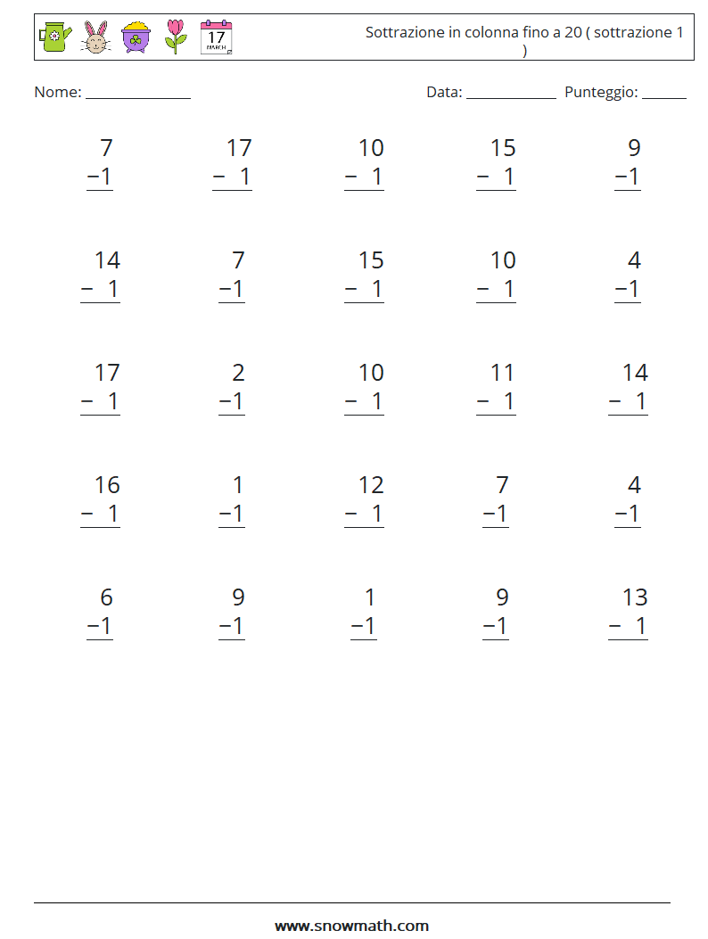 (25) Sottrazione in colonna fino a 20 ( sottrazione 1 ) Fogli di lavoro di matematica 9