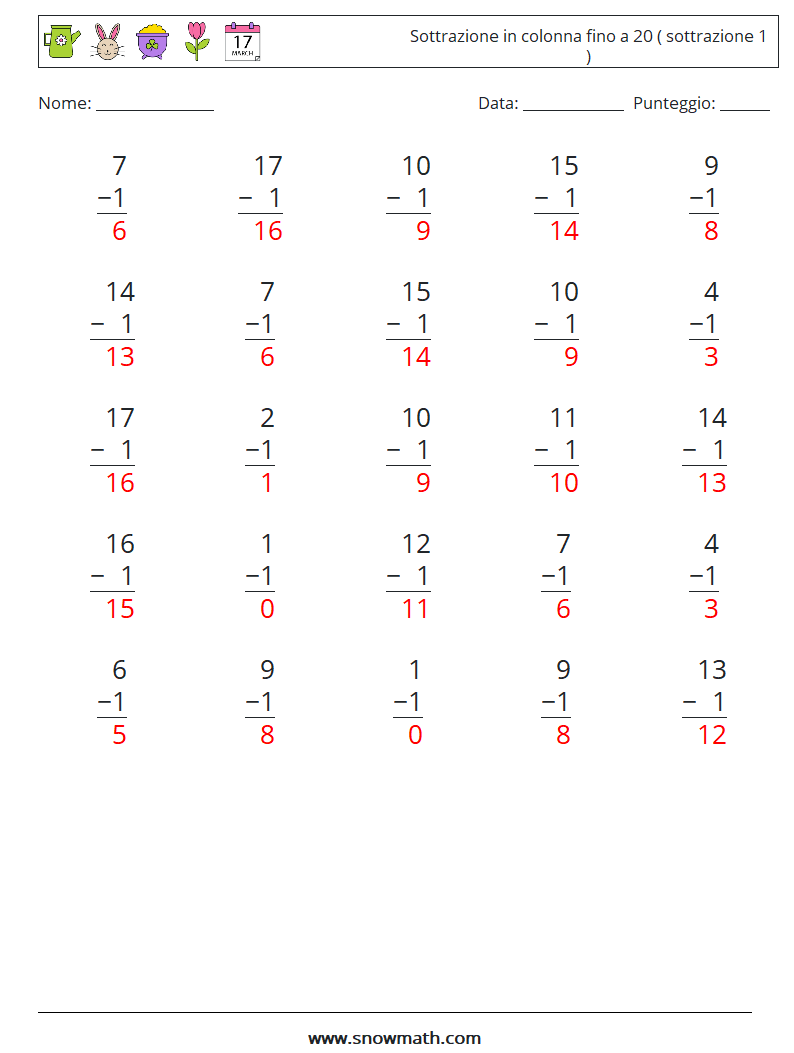 (25) Sottrazione in colonna fino a 20 ( sottrazione 1 ) Fogli di lavoro di matematica 9 Domanda, Risposta