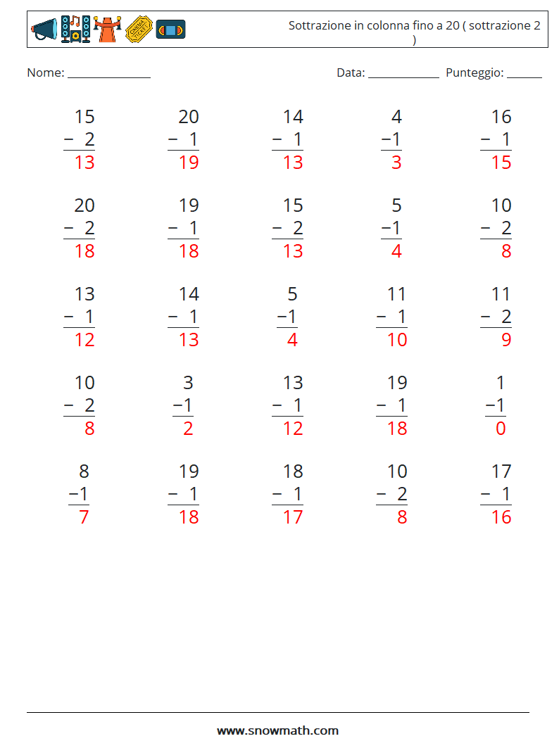 (25) Sottrazione in colonna fino a 20 ( sottrazione 2 ) Fogli di lavoro di matematica 10 Domanda, Risposta