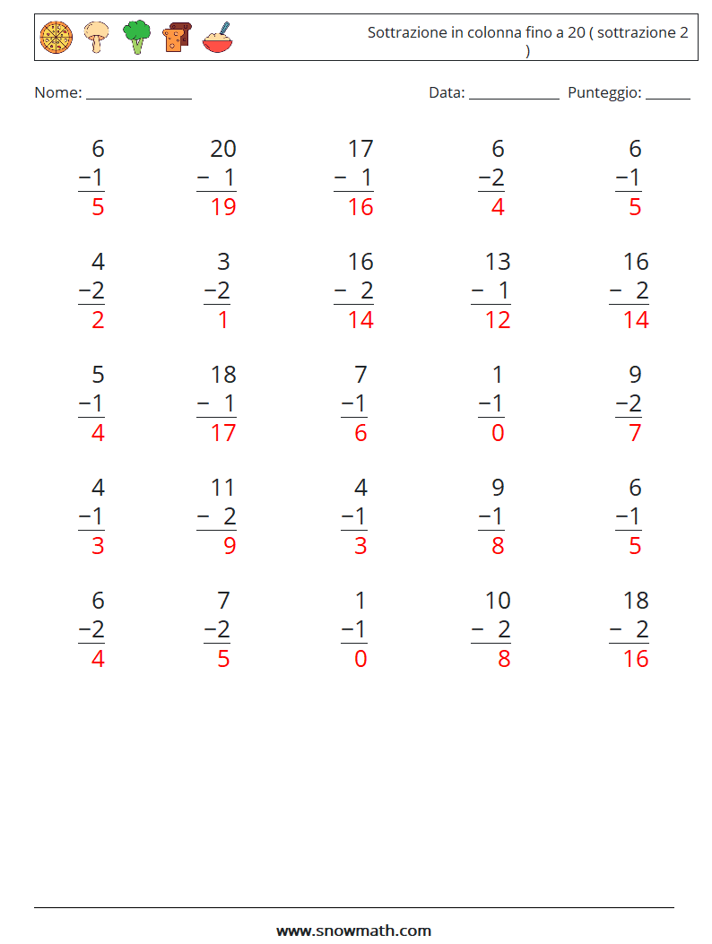(25) Sottrazione in colonna fino a 20 ( sottrazione 2 ) Fogli di lavoro di matematica 11 Domanda, Risposta