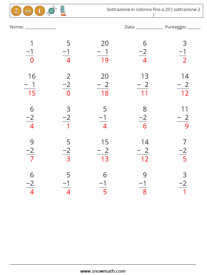 (25) Sottrazione in colonna fino a 20 ( sottrazione 2 ) Fogli di lavoro di matematica 13 Domanda, Risposta