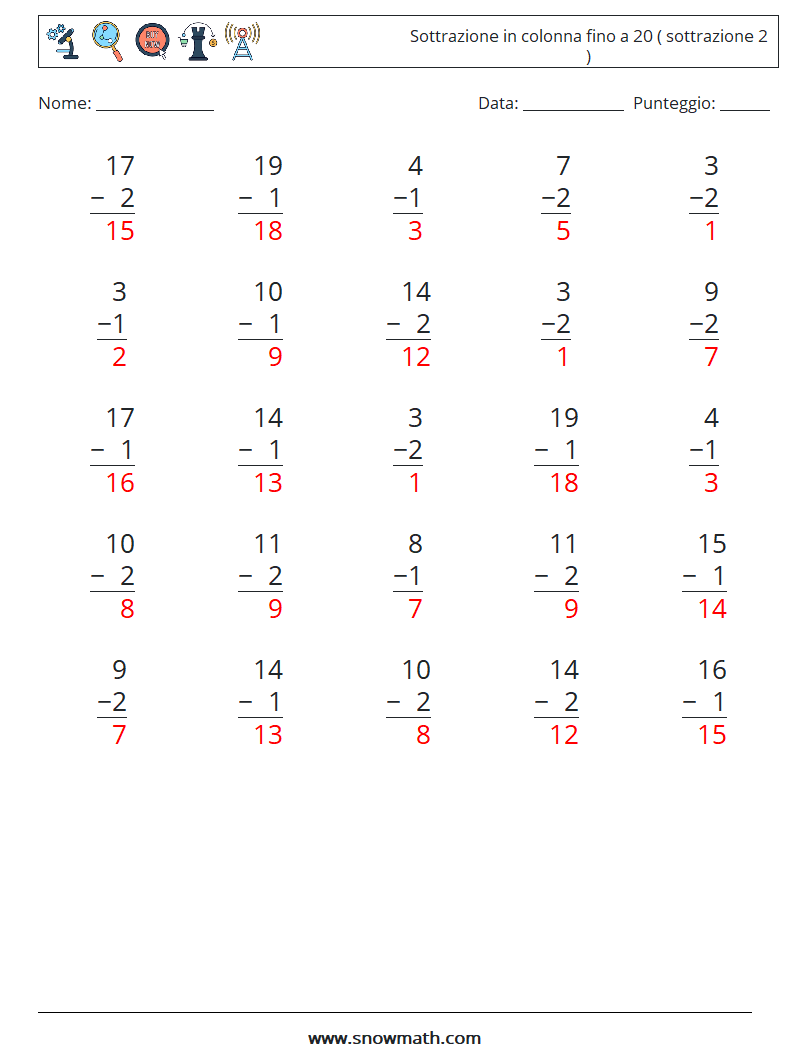 (25) Sottrazione in colonna fino a 20 ( sottrazione 2 ) Fogli di lavoro di matematica 14 Domanda, Risposta