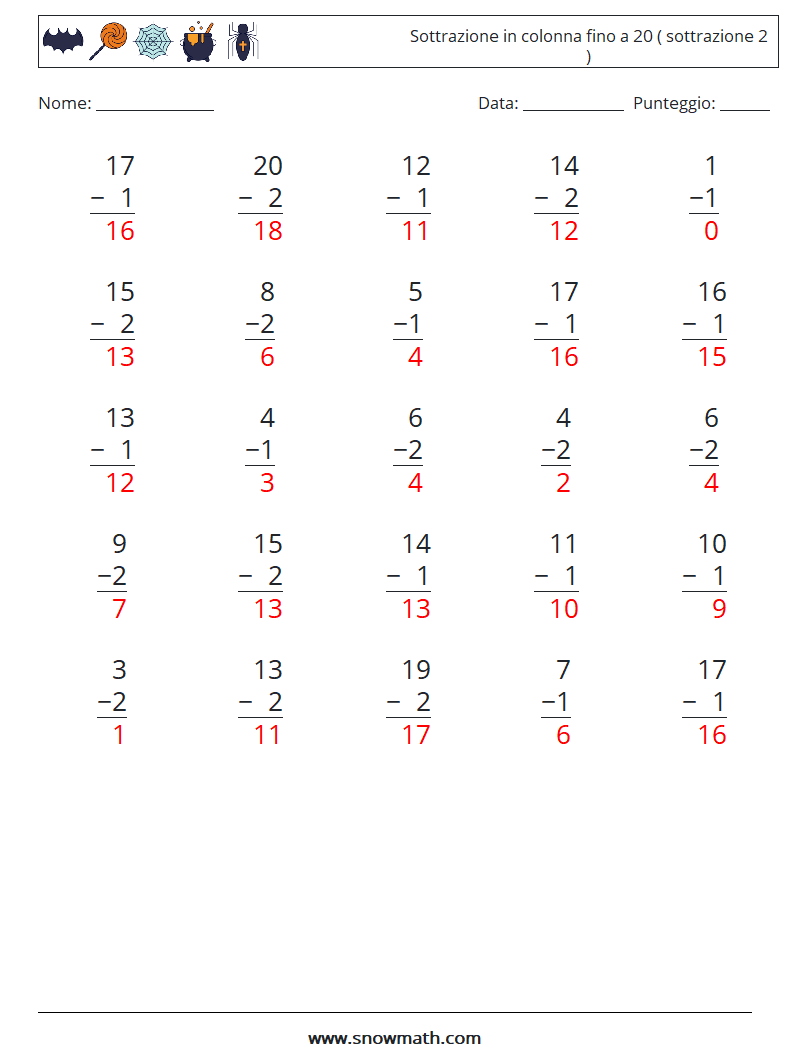 (25) Sottrazione in colonna fino a 20 ( sottrazione 2 ) Fogli di lavoro di matematica 15 Domanda, Risposta