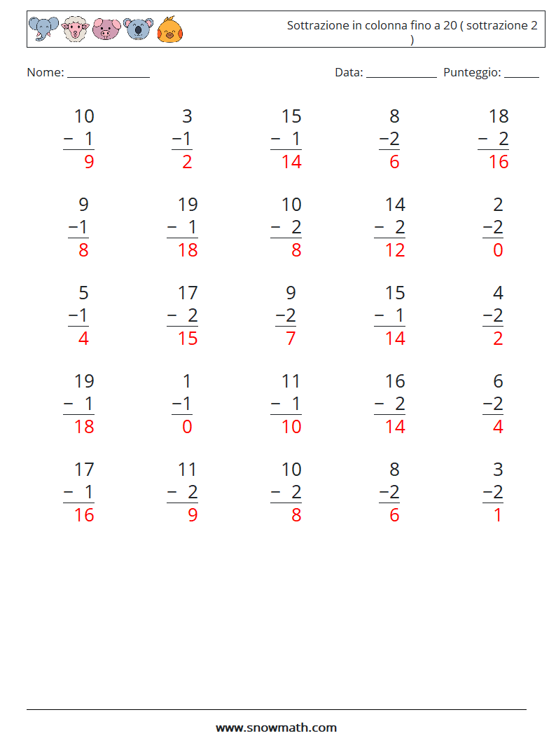 (25) Sottrazione in colonna fino a 20 ( sottrazione 2 ) Fogli di lavoro di matematica 16 Domanda, Risposta