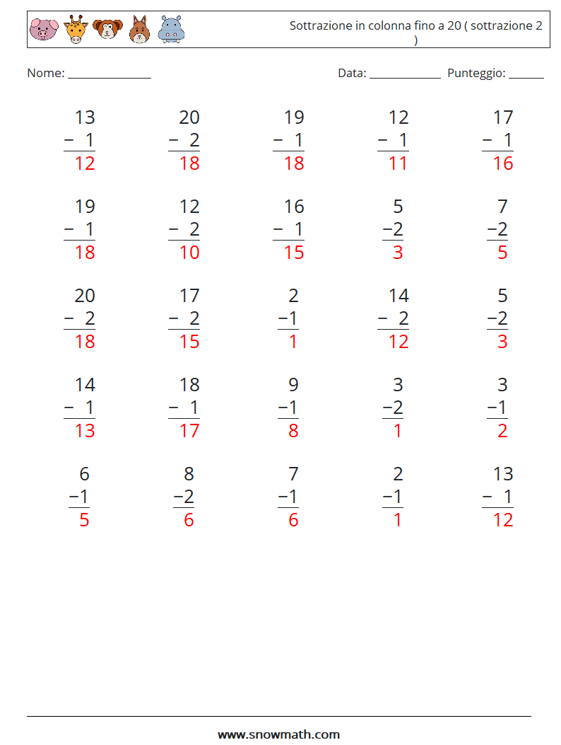 (25) Sottrazione in colonna fino a 20 ( sottrazione 2 ) Fogli di lavoro di matematica 17 Domanda, Risposta