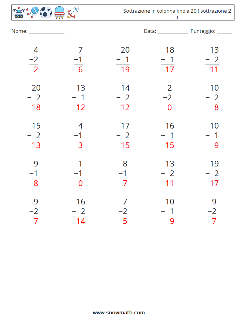 (25) Sottrazione in colonna fino a 20 ( sottrazione 2 ) Fogli di lavoro di matematica 18 Domanda, Risposta