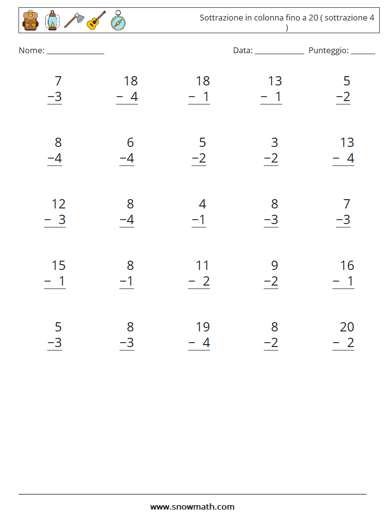 (25) Sottrazione in colonna fino a 20 ( sottrazione 4 )