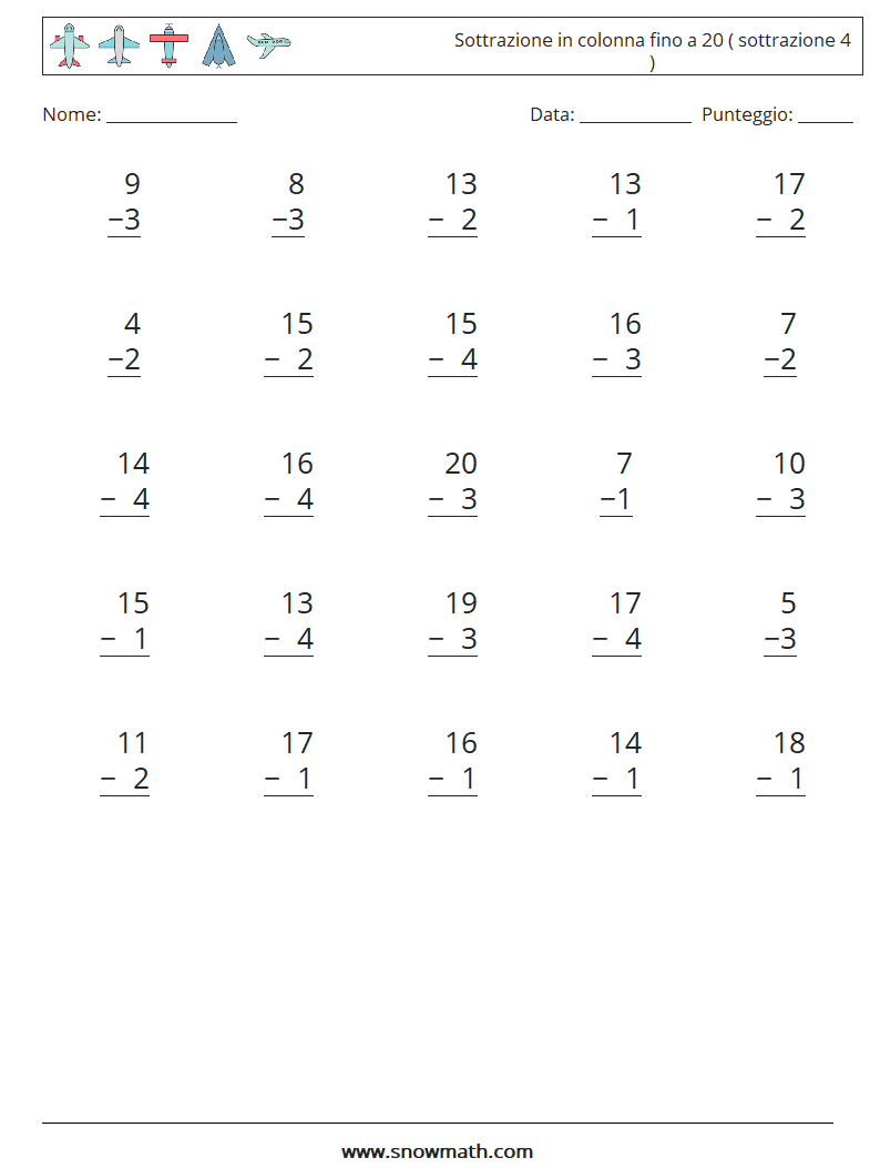 (25) Sottrazione in colonna fino a 20 ( sottrazione 4 ) Fogli di lavoro di matematica 10