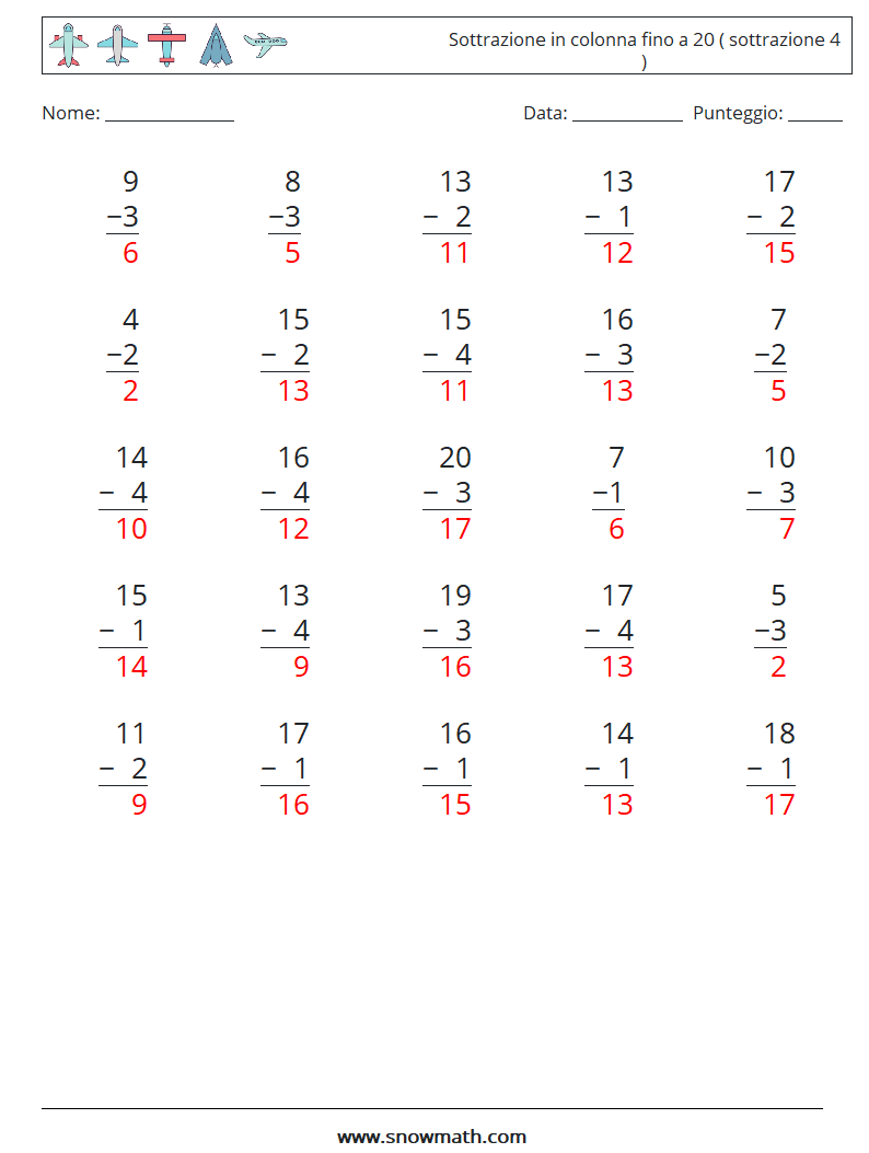 (25) Sottrazione in colonna fino a 20 ( sottrazione 4 ) Fogli di lavoro di matematica 10 Domanda, Risposta