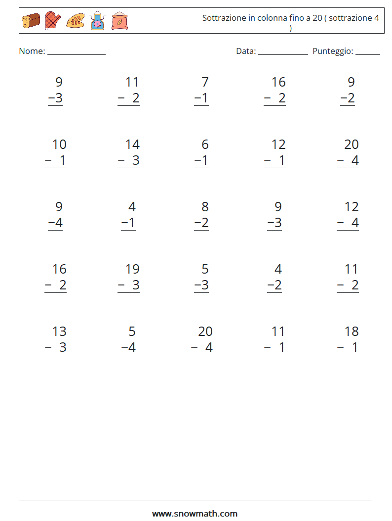 (25) Sottrazione in colonna fino a 20 ( sottrazione 4 ) Fogli di lavoro di matematica 11