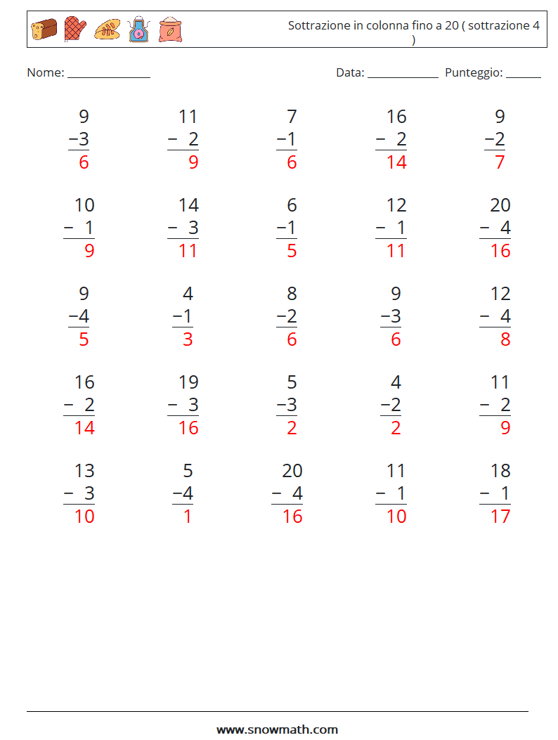 (25) Sottrazione in colonna fino a 20 ( sottrazione 4 ) Fogli di lavoro di matematica 11 Domanda, Risposta