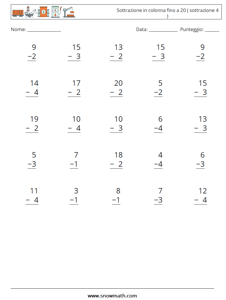 (25) Sottrazione in colonna fino a 20 ( sottrazione 4 ) Fogli di lavoro di matematica 12