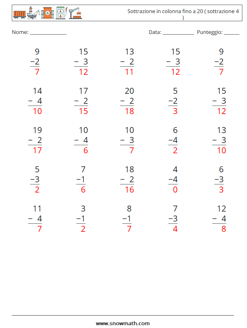 (25) Sottrazione in colonna fino a 20 ( sottrazione 4 ) Fogli di lavoro di matematica 12 Domanda, Risposta