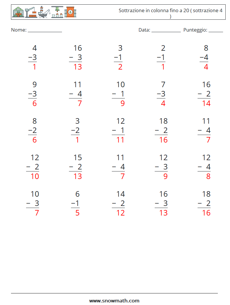 (25) Sottrazione in colonna fino a 20 ( sottrazione 4 ) Fogli di lavoro di matematica 13 Domanda, Risposta