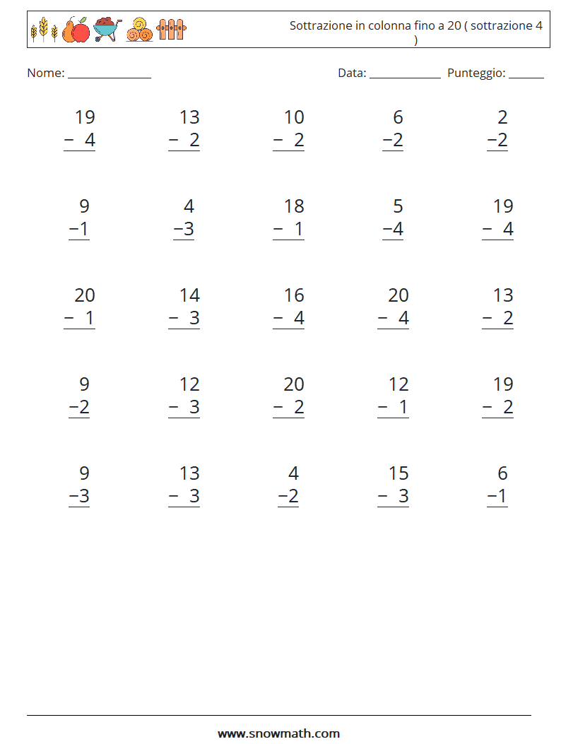 (25) Sottrazione in colonna fino a 20 ( sottrazione 4 ) Fogli di lavoro di matematica 14