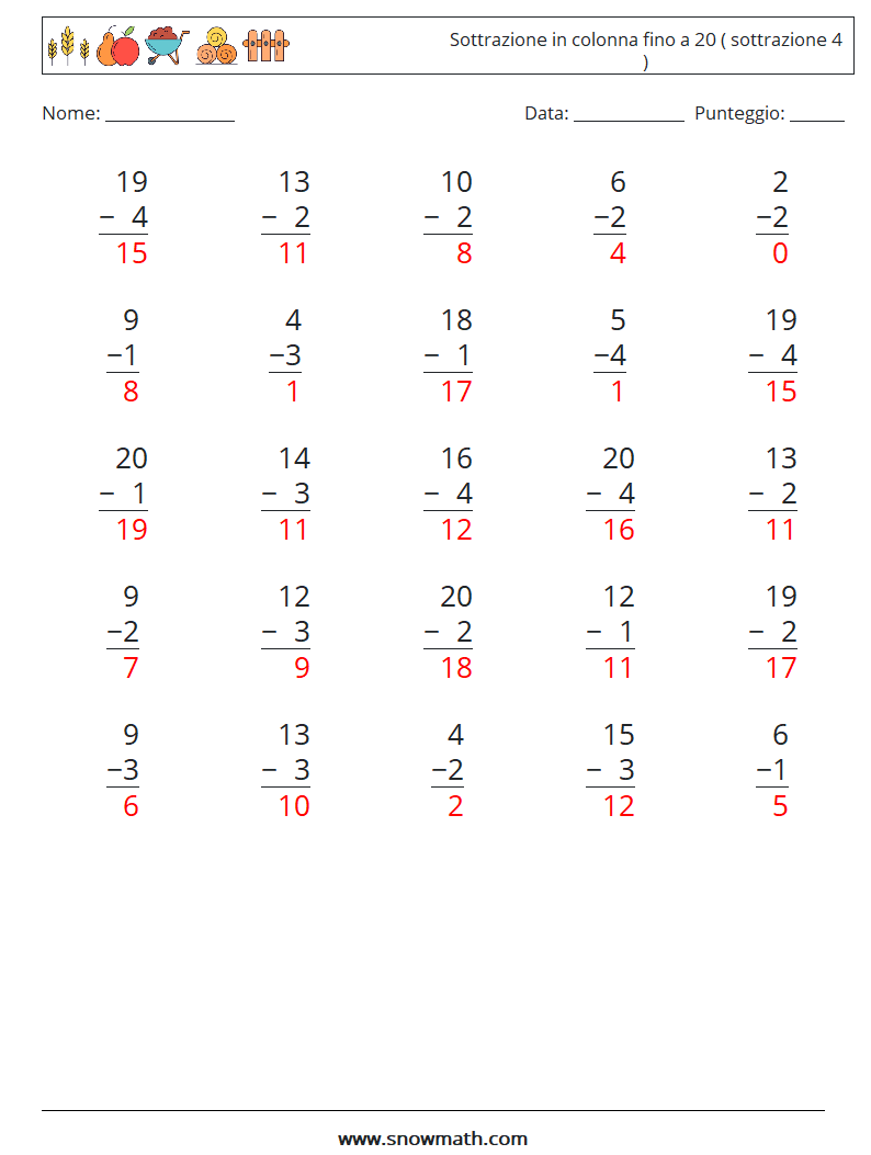 (25) Sottrazione in colonna fino a 20 ( sottrazione 4 ) Fogli di lavoro di matematica 14 Domanda, Risposta