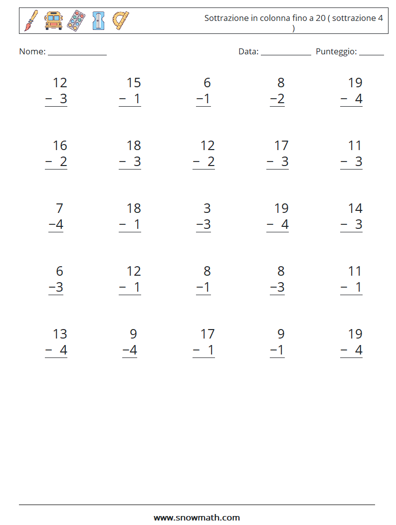 (25) Sottrazione in colonna fino a 20 ( sottrazione 4 ) Fogli di lavoro di matematica 15