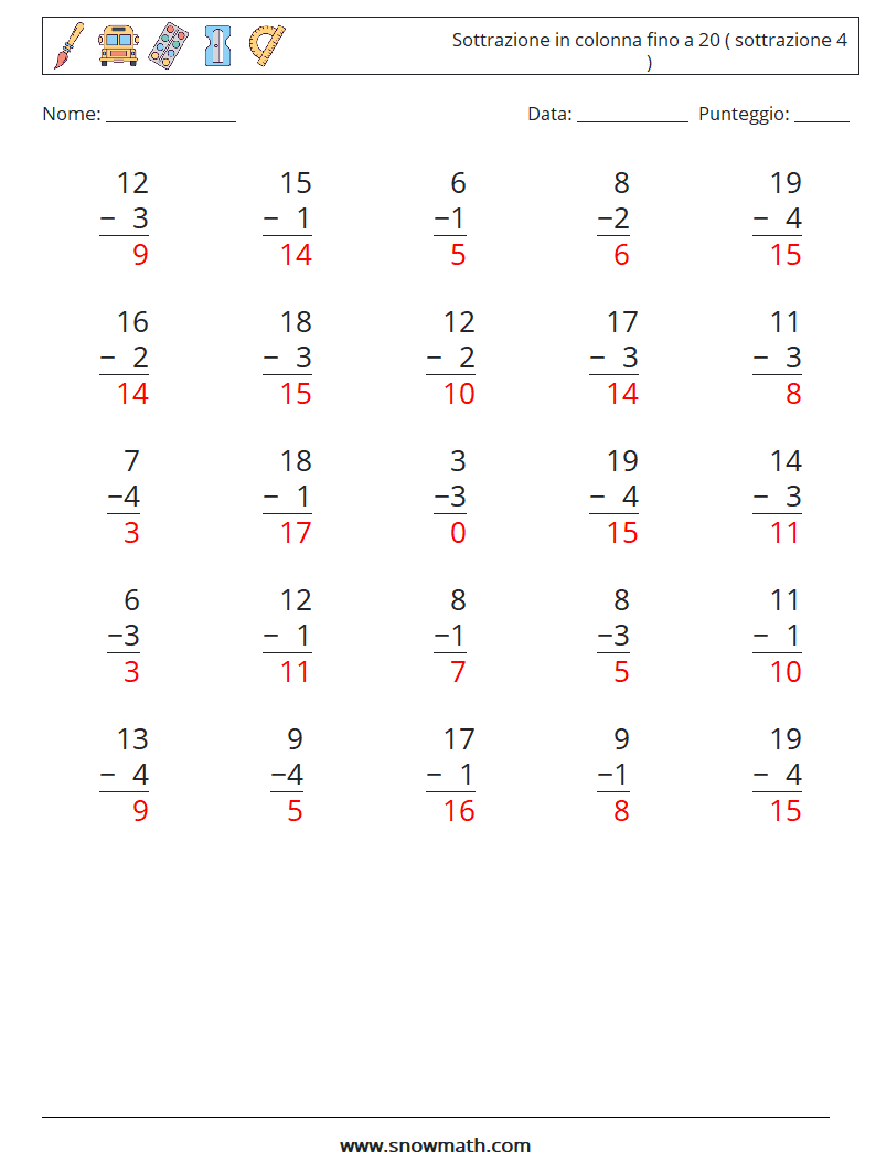 (25) Sottrazione in colonna fino a 20 ( sottrazione 4 ) Fogli di lavoro di matematica 15 Domanda, Risposta