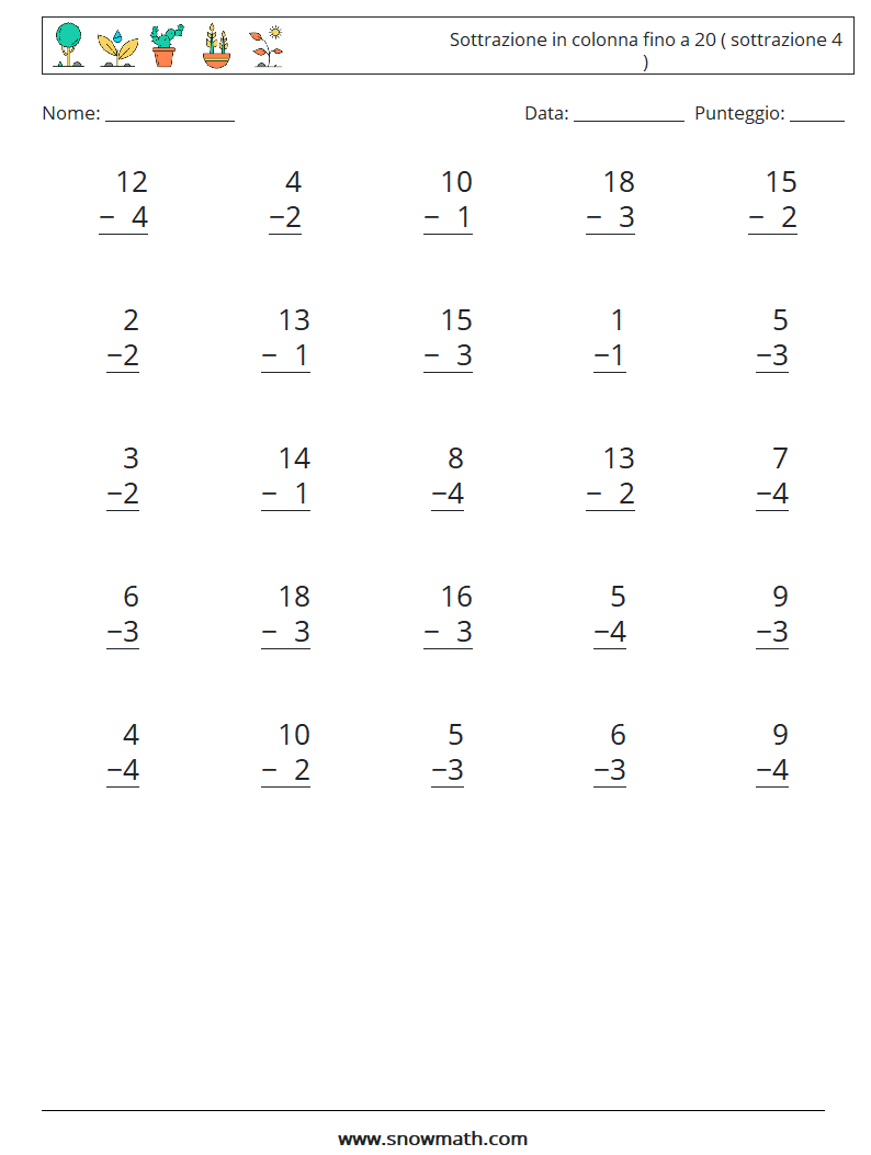 (25) Sottrazione in colonna fino a 20 ( sottrazione 4 ) Fogli di lavoro di matematica 17